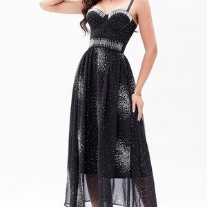 Lehoyiang A-Line Black Spaghetti Straps Chiffon Corset Party Dress XS